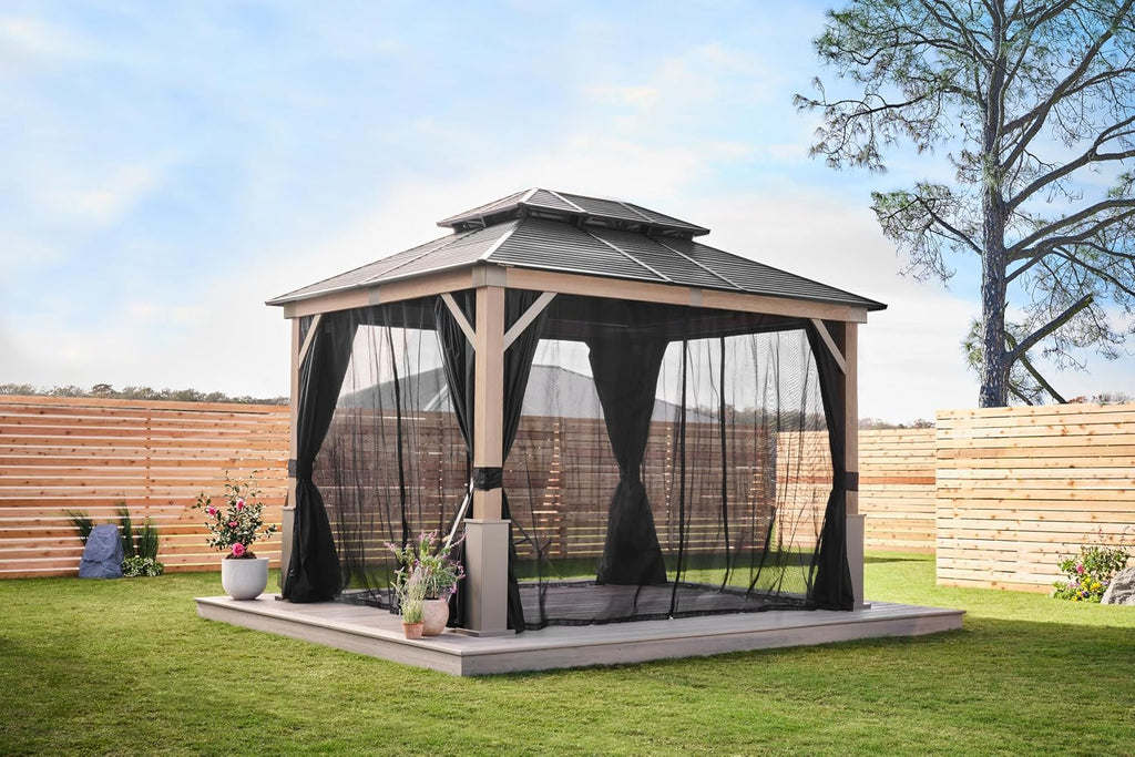 Tommy Bahama Edition Cove 10' x 12' Outdoor Hardtop Gazebo Pavilion for Backyard or Patio, Heavy-Duty Galvanized Steel Double Roof Gazebo, Wood Grain Finish
