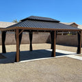 PURPLE LEAF 14' X 20' Outdoor Hardtop Gazebo for Patio Galvanized Steel Double Roof Permanent Canopy Teak Finish Coated Aluminum Frame Pavilion Gazebo with Netting and Lights