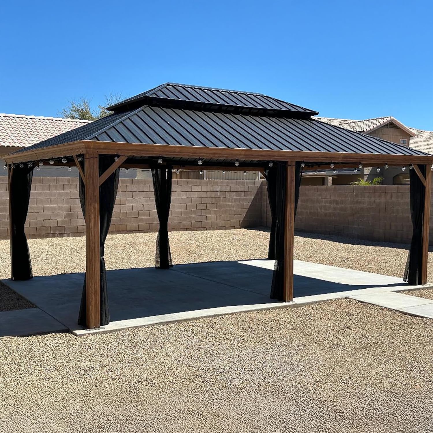 PURPLE LEAF 14' X 20' Outdoor Hardtop Gazebo for Patio Galvanized Steel Double Roof Permanent Canopy Teak Finish Coated Aluminum Frame Pavilion Gazebo with Netting and Lights