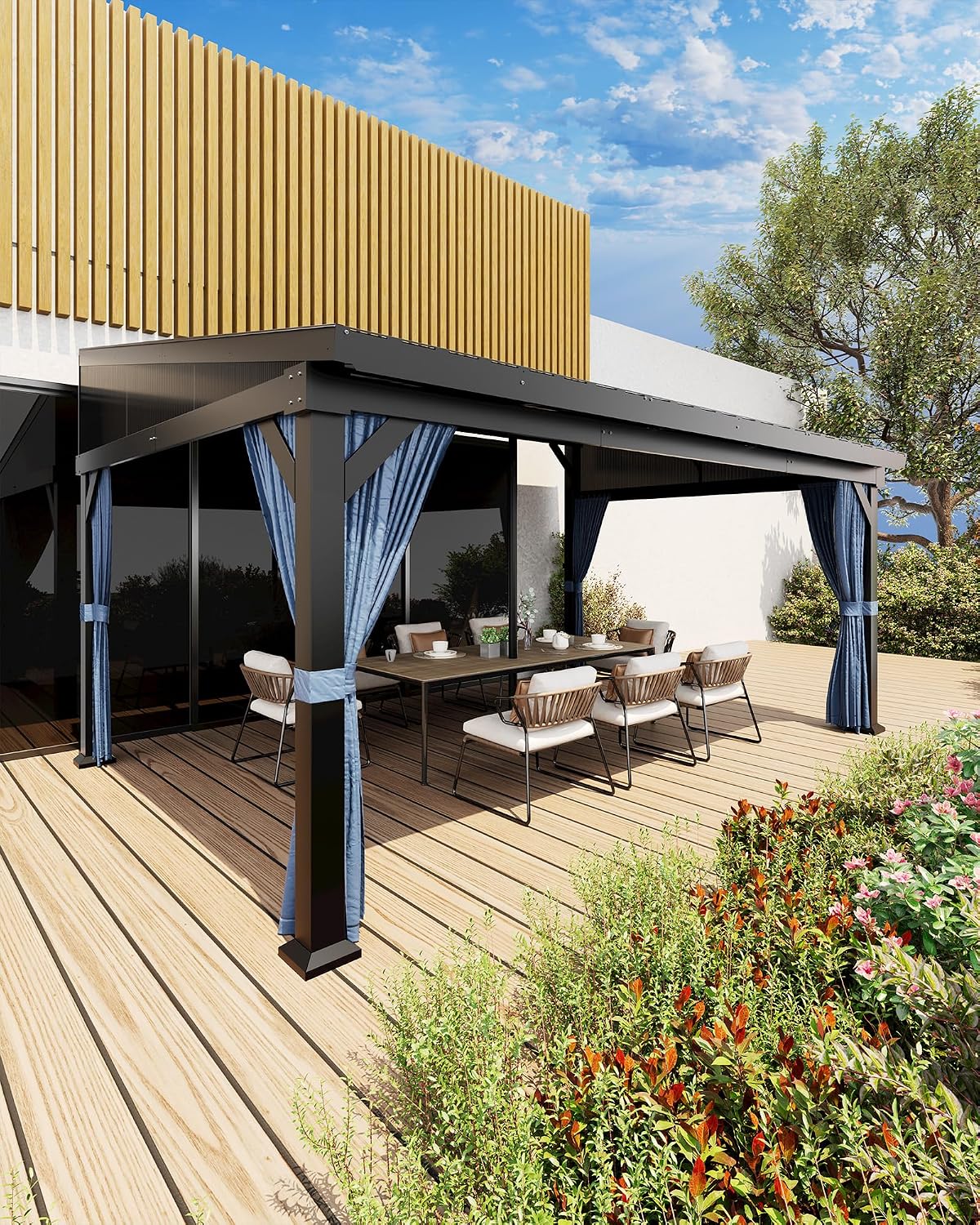 10'x14' Wall-Mounted Lean-to Gazebo with Galvanized Steel Roof, Gutters & Sliding Netting/Curtains – Hardtop Metal Pergola Canopy for Patio, Backyard, Garden, or Carport – Weather-Resistant & Durable