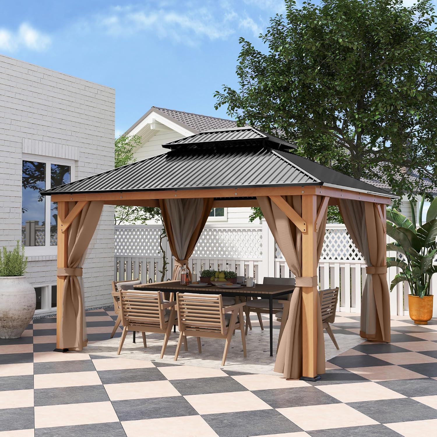 11x13 Wood Gazebo, Outdoor Hardtop Gazebo with Netting and Curtains, Double Galvanized Steel Roof, Deck Hard Top for Backyard, Patio (Brown)