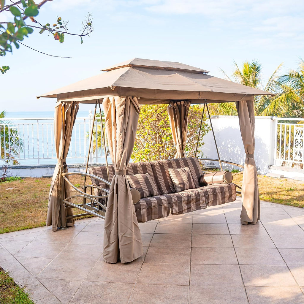 PURPLE LEAF 3 Person Outdoor Patio Porch Swing Gazebo with Netting & Gazebo Curtains with Canopy Swings for Adults