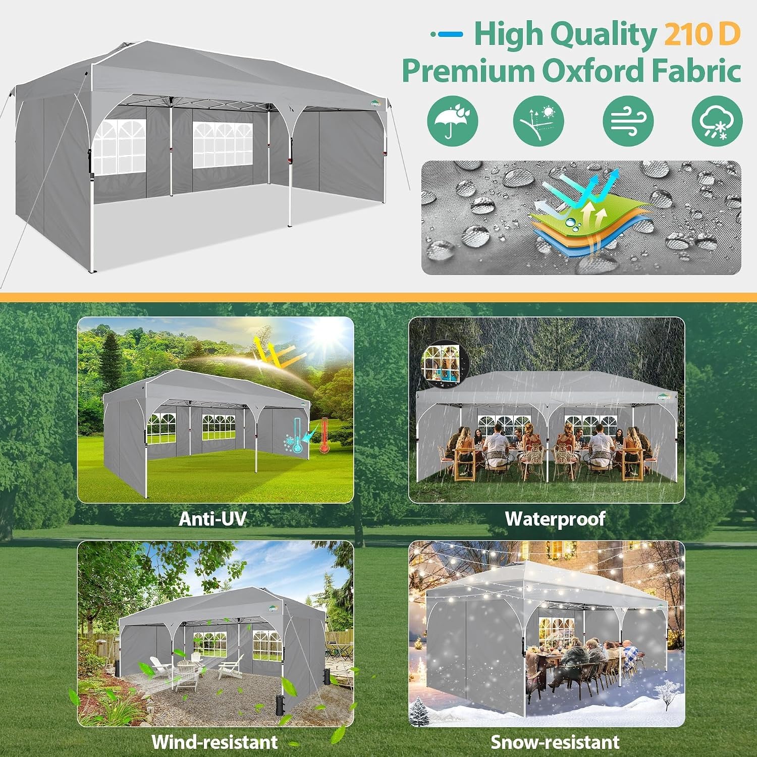 COBIZI 10x20 Pop Up Canopy: Canopy Tent with Patented Center-Lock Tech | Quick-Setup,UV-Reflective & Detachable Walls | 210D Waterproof | 3 Height Adjustments for Parties,Weddings,Outdoor Events(Gray)
