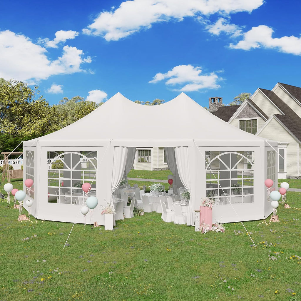 EROMMY 26'x19' Party Tent, White Wedding, Decagonal Heavy Duty Canopy with 8 Removable Sidewalls, 8 Church Windows and 2 Pull-Back Doors, Outdoor Gazebo Pavilion for Party, Wedding, Event