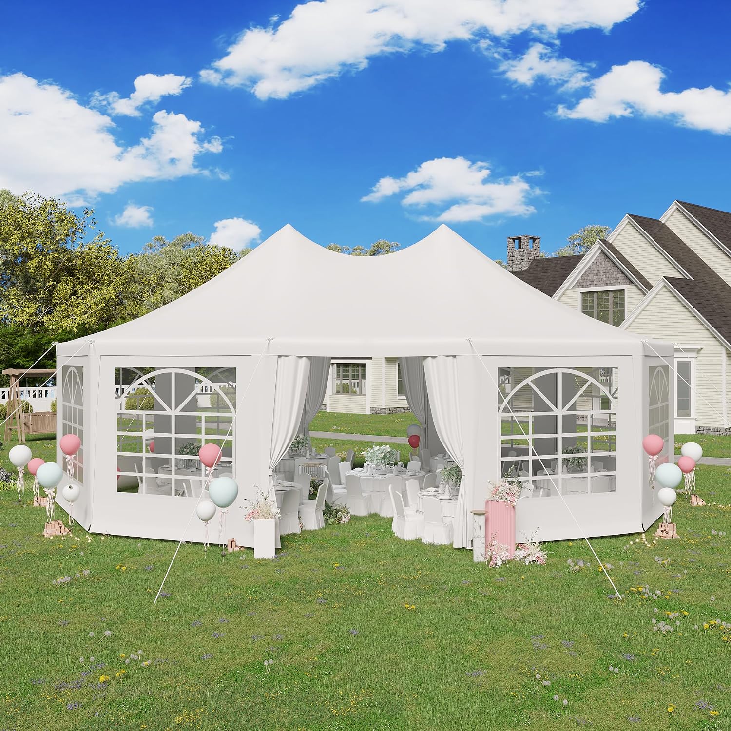 EROMMY 26'x19' Party Tent, White Wedding, Decagonal Heavy Duty Canopy with 8 Removable Sidewalls, 8 Church Windows and 2 Pull-Back Doors, Outdoor Gazebo Pavilion for Party, Wedding, Event