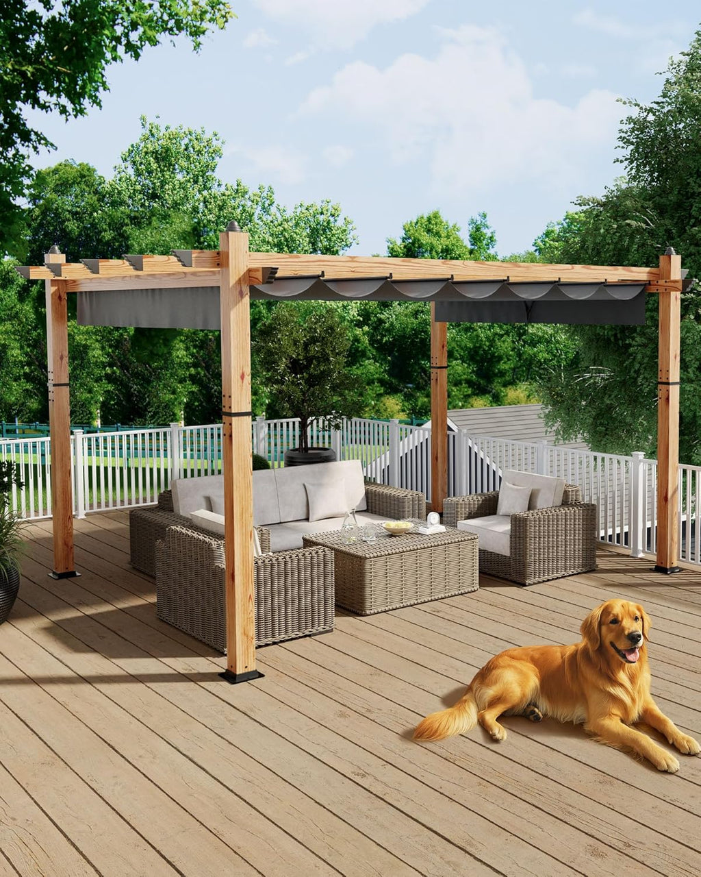 KYBOLT 10x13 Ft Outdoor Pergola with Retractable Canopy Upgraded Wood Grain Patio Pergola for Modern Backyard Deck Porch Grape Trellis - Gray