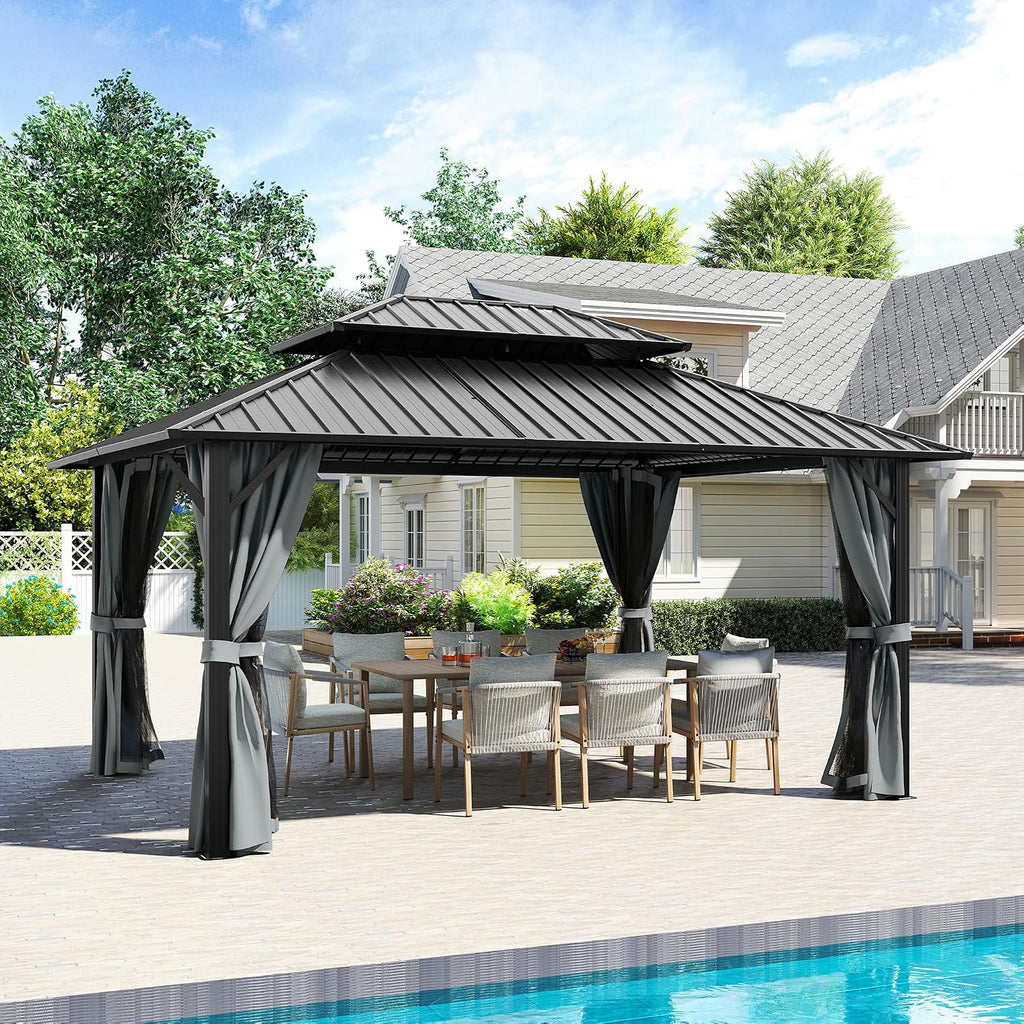12' x 16' Hardtop Gazebo, Aluminum Frame with Double Galvanized Steel Roof,Permanent Outdoor Gazebo with Netting and Curtains for Backyard, Garden, or Deck, Gray