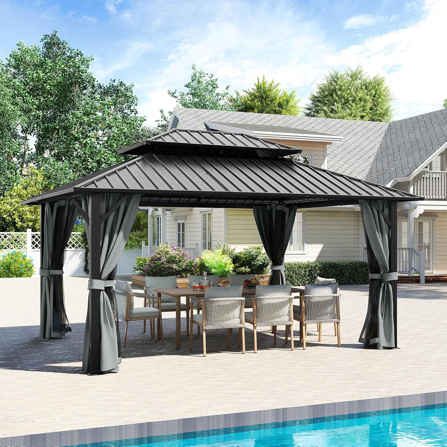 12' x 16' Hardtop Gazebo, Aluminum Frame with Double Galvanized Steel Roof,Permanent Outdoor Gazebo with Netting and Curtains for Backyard, Garden, or Deck, Gray