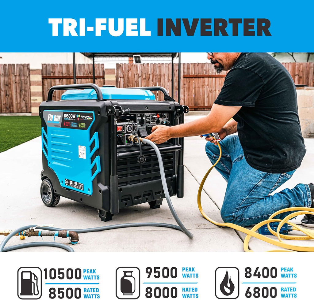 Pulsar PGD105TiSCO Tri Fuel Inverter Generator,10500-Watt Tri Fuel Gasoline Propane Natural Gas Portable 50A Generator with Remote Start, CARB Compliant