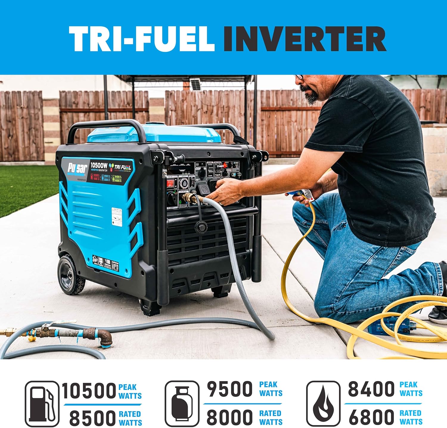 Pulsar PGD105TiSCO Tri Fuel Inverter Generator,10500-Watt Tri Fuel Gasoline Propane Natural Gas Portable 50A Generator with Remote Start, CARB Compliant