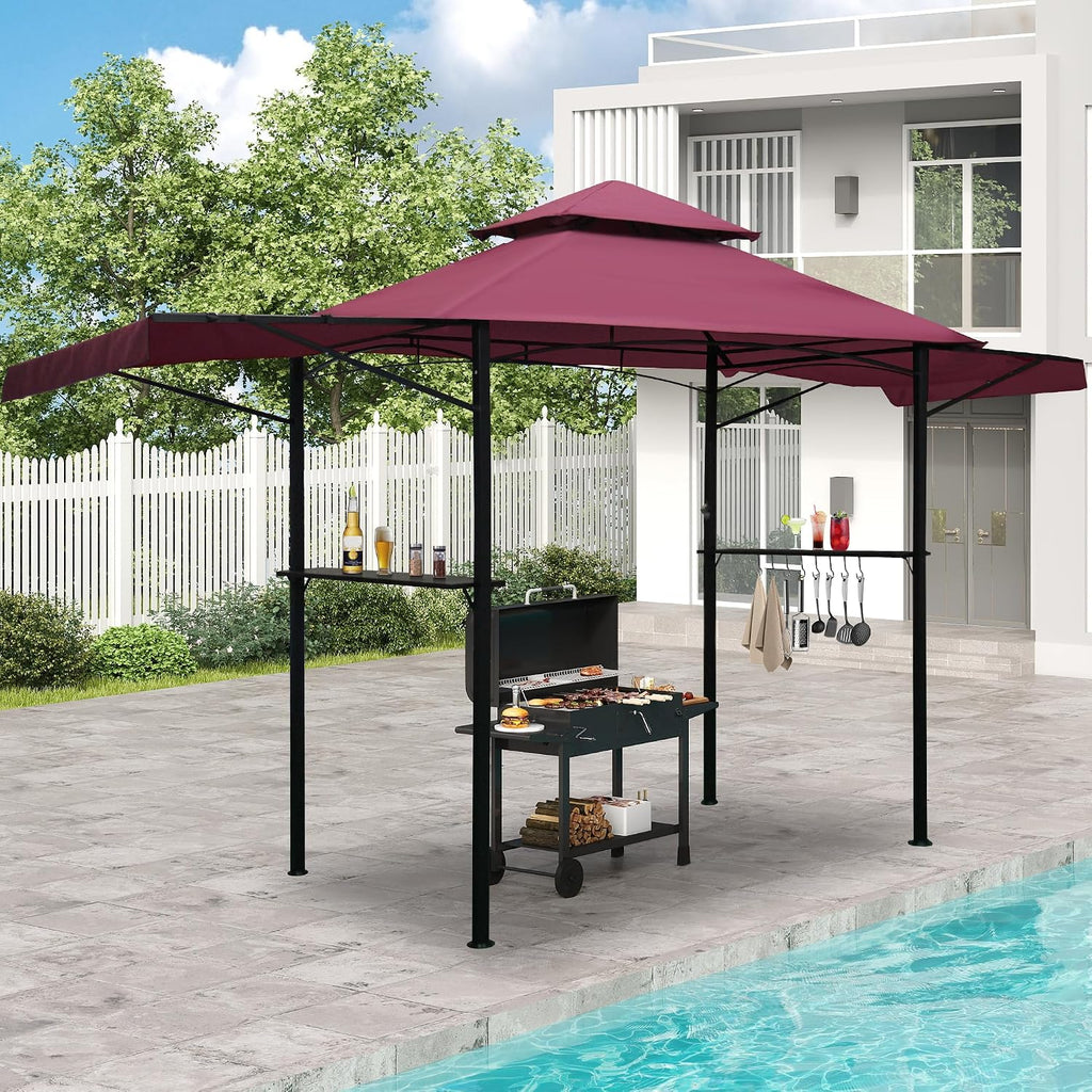 14 x 5Ft Grill Gazebo Outdoor BBQ Gazebo Canopy with Dual Side Awnings Double Tiered Grill Canopy for Patio, Garden, Beach (Red)