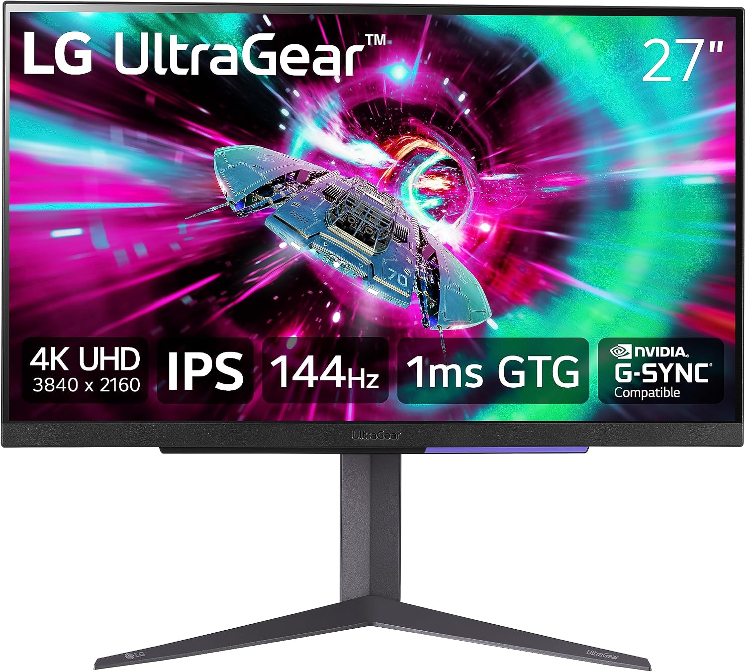LG 27' Ultragear 4K UHD (3840x2160) Gaming Monitor, 144Hz, 1ms, VESA DisplayHDR 400, G-SYNC and AMD FreeSync Premium, HDMI 2.1, DisplayPort, 4-Pole HP Out DTS HP:X, Tilt/Height/Pivot Stand, Black
