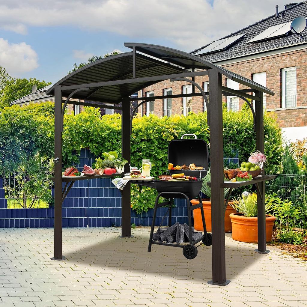 Domi 8x5FT Hardtop Grill Gazebo, Outdoor BBQ Gazebo with 2 Side Shelves and Bottle Opener, Outdoor Grill Canopy with Galvanized Steel Double Roof for Patio Lawn Backyard Deck, Brown