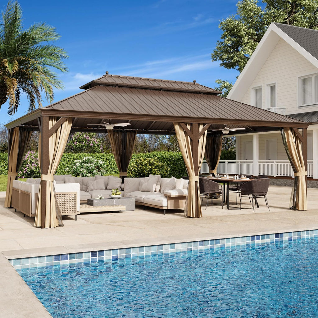EROMMY 14'x24' Hardtop Gazebo Double Roof Galvanized Steel Outdoor Gazebos with Aluminum Frame, Netting and Curtains, Permanent Metal Pavilion for Patio Backyard Deck and Lawns