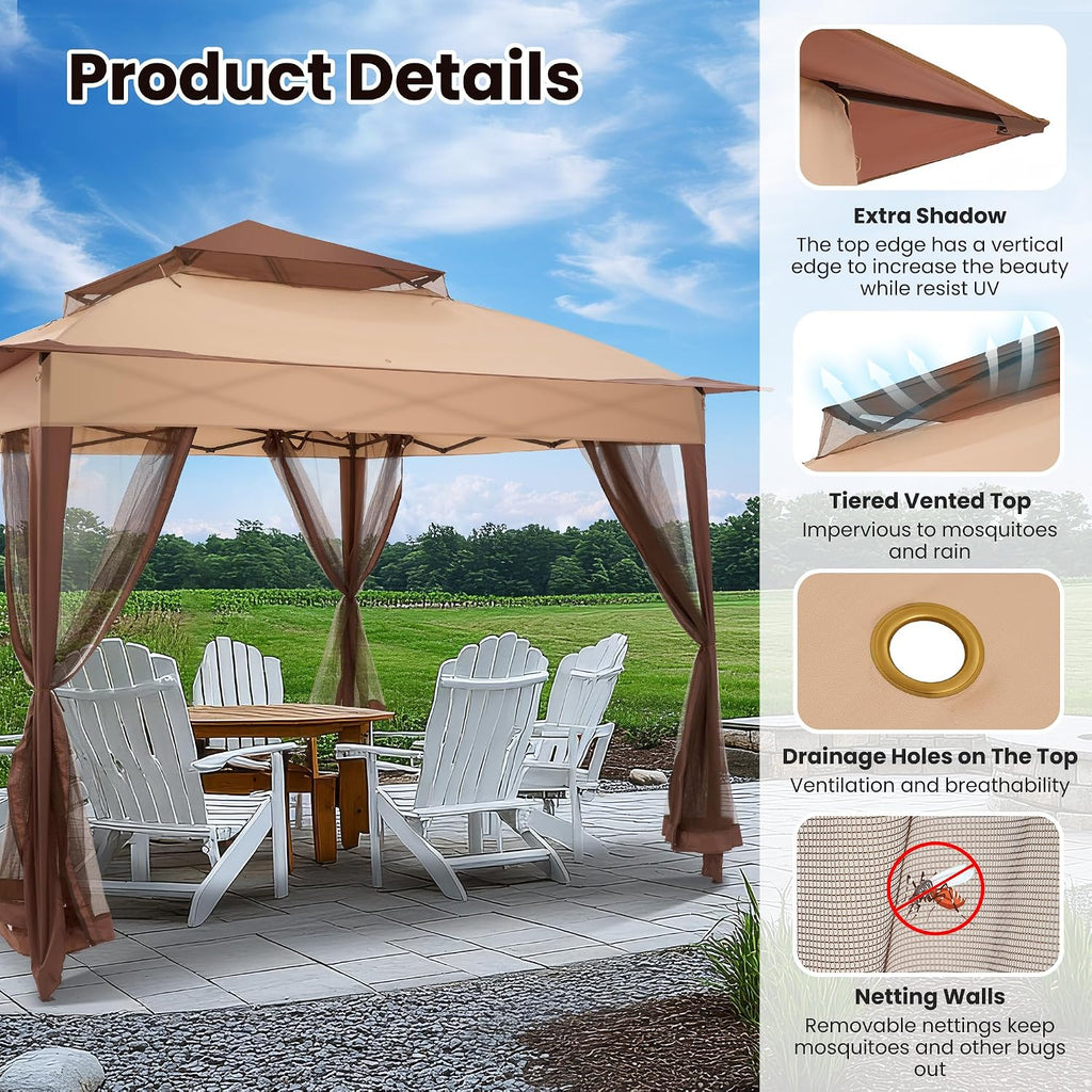 11x11 Pop Up Gazebo with Mosquito Netting Pop Up Canopy with Double Layer Ventilation Portable Bag Canopy Tent with 120 Square Feet of Shade Instant Tent for Garden Party Patio Backyard Beige