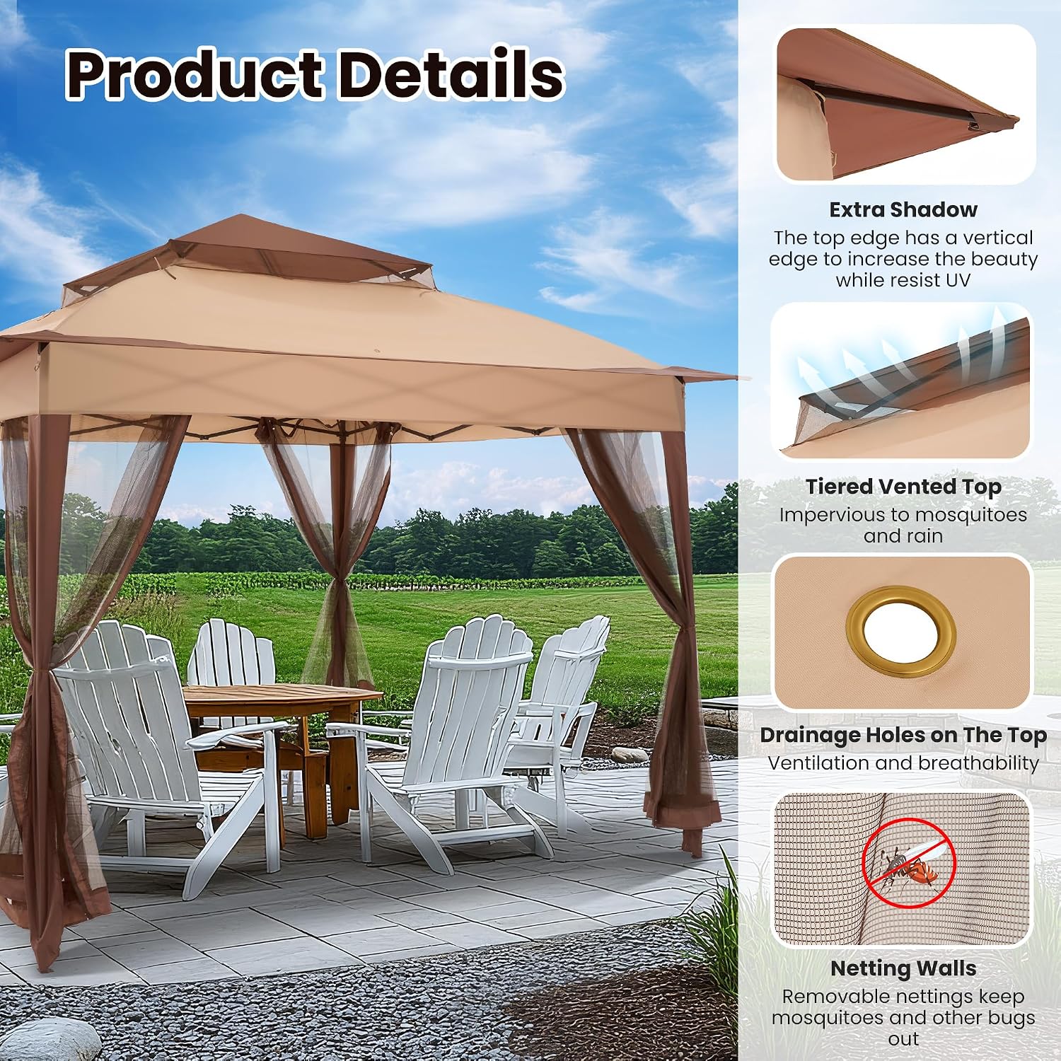 11x11 Pop Up Gazebo with Mosquito Netting Pop Up Canopy with Double Layer Ventilation Portable Bag Canopy Tent with 120 Square Feet of Shade Instant Tent for Garden Party Patio Backyard Beige