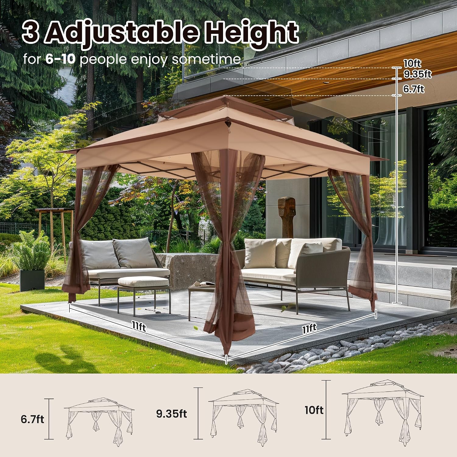 11x11 Pop Up Gazebo with Mosquito Netting Pop Up Canopy with Double Layer Ventilation Portable Bag Canopy Tent with 120 Square Feet of Shade Instant Tent for Garden Party Patio Backyard Beige