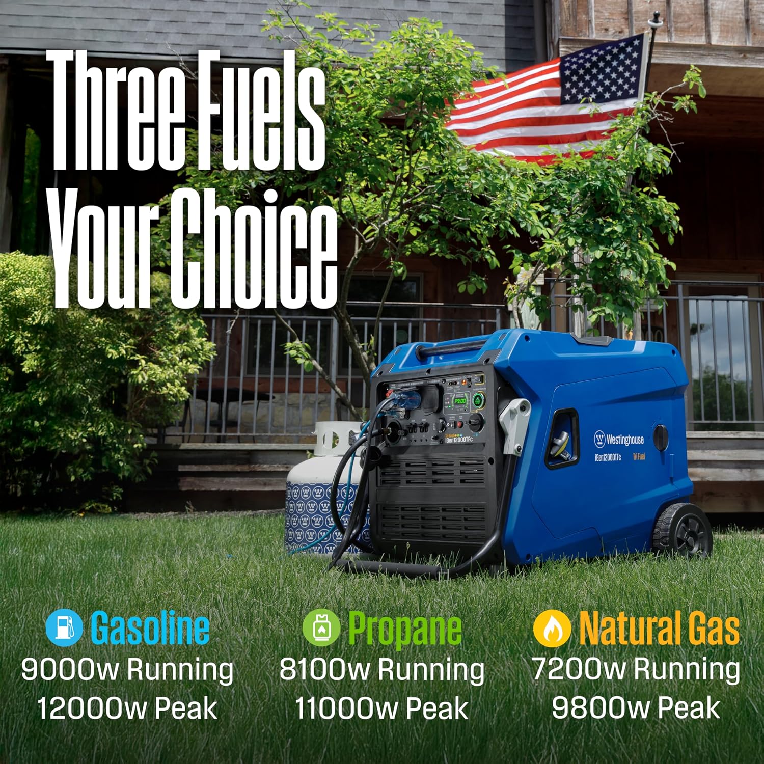 Westinghouse 12000 Peak Watt Tri-Fuel Portable Inverter Generator, Remote Start, Transfer Switch Ready, Gas/Propane/Natural Gas Powered, Low THD, Safe for Electronics, Parallel Capable, CO Sensor