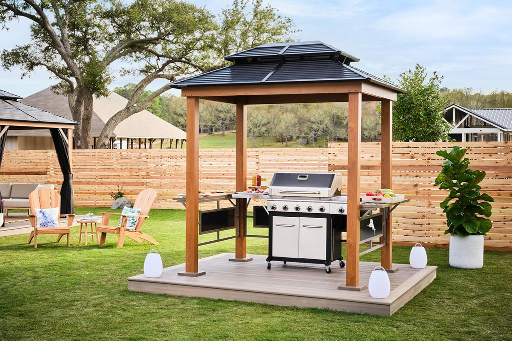 Tommy Bahama Edition BBQ Maui 6' x 8' Outdoor Hardtop Grill Gazebo for Backyard or Patio, Heavy-Duty Galvanized Steel Double Roof Gazebo, Wood Grain Finish