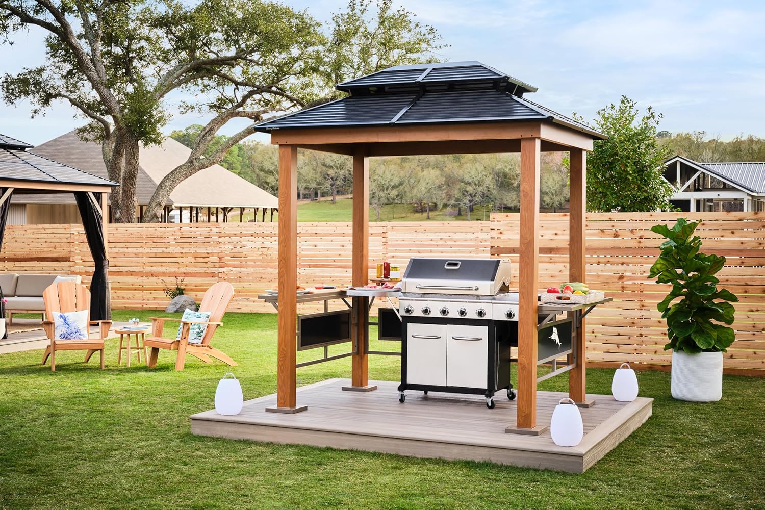 Tommy Bahama Edition BBQ Maui 6' x 8' Outdoor Hardtop Grill Gazebo for Backyard or Patio, Heavy-Duty Galvanized Steel Double Roof Gazebo, Wood Grain Finish