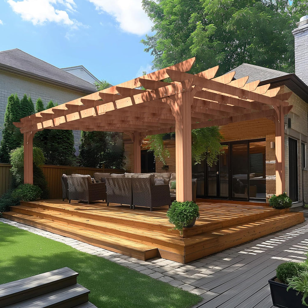 Yardenaler 12 x16 FT Wooden Pergola, Cedar Wood Gazebo with Flat Roof, Outdoor Garden Shelter with Stakes Included, Patio, Deck, Backyard, Lawn