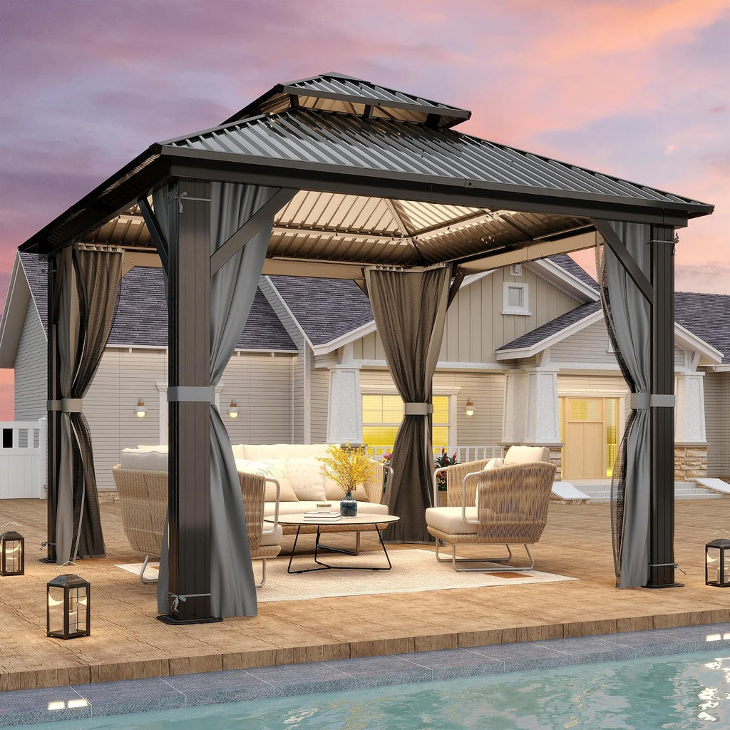 9.5' x 9.5' Hardtop Gazebo, Galvanized Steel Double Roof Gazebo with Nettings and Curtain Outdoor Aluminum Frame Vertical Stripes Roof Gazebos for Patio, Deck,Backyard