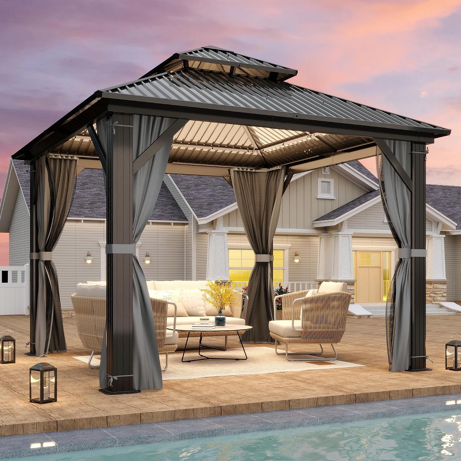 9.5' x 9.5' Hardtop Gazebo, Galvanized Steel Double Roof Gazebo with Nettings and Curtain Outdoor Aluminum Frame Vertical Stripes Roof Gazebos for Patio, Deck,Backyard