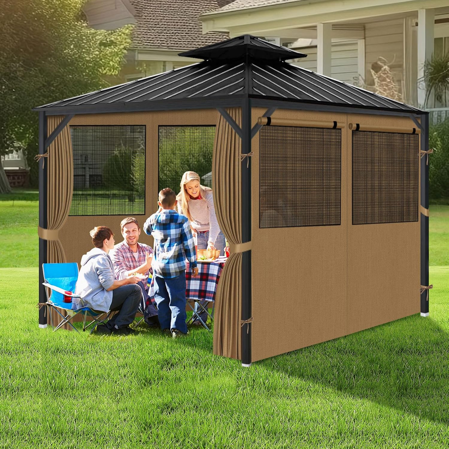 Gazebo Privacy Curtain 10'x12', Replacement Curtains with Mosquito Net Windows, 4-Panels Side Wall, Zippers, Waterproof Outdoor Curtains for Patio, Canopy, Garden and Backyard, Khaki (Curtain Only)