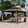 Domi 12' x 12' Hardtop Gazebo, Outdoor Metal Gazebo for Patios with Galvanized Steel Double Roof, Heavy Duty Curtains and Netting Included, Permanent Pergola for Backyard, Garden Lawn, Brown