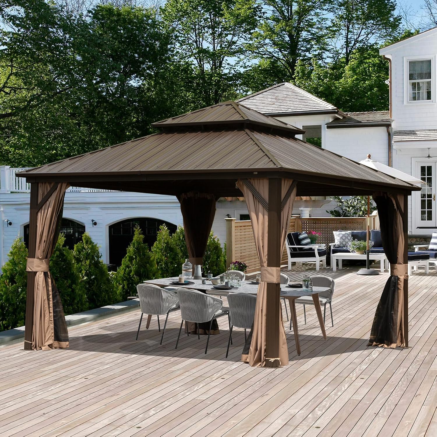 Domi 12' x 12' Hardtop Gazebo, Outdoor Metal Gazebo for Patios with Galvanized Steel Double Roof, Heavy Duty Curtains and Netting Included, Permanent Pergola for Backyard, Garden Lawn, Brown