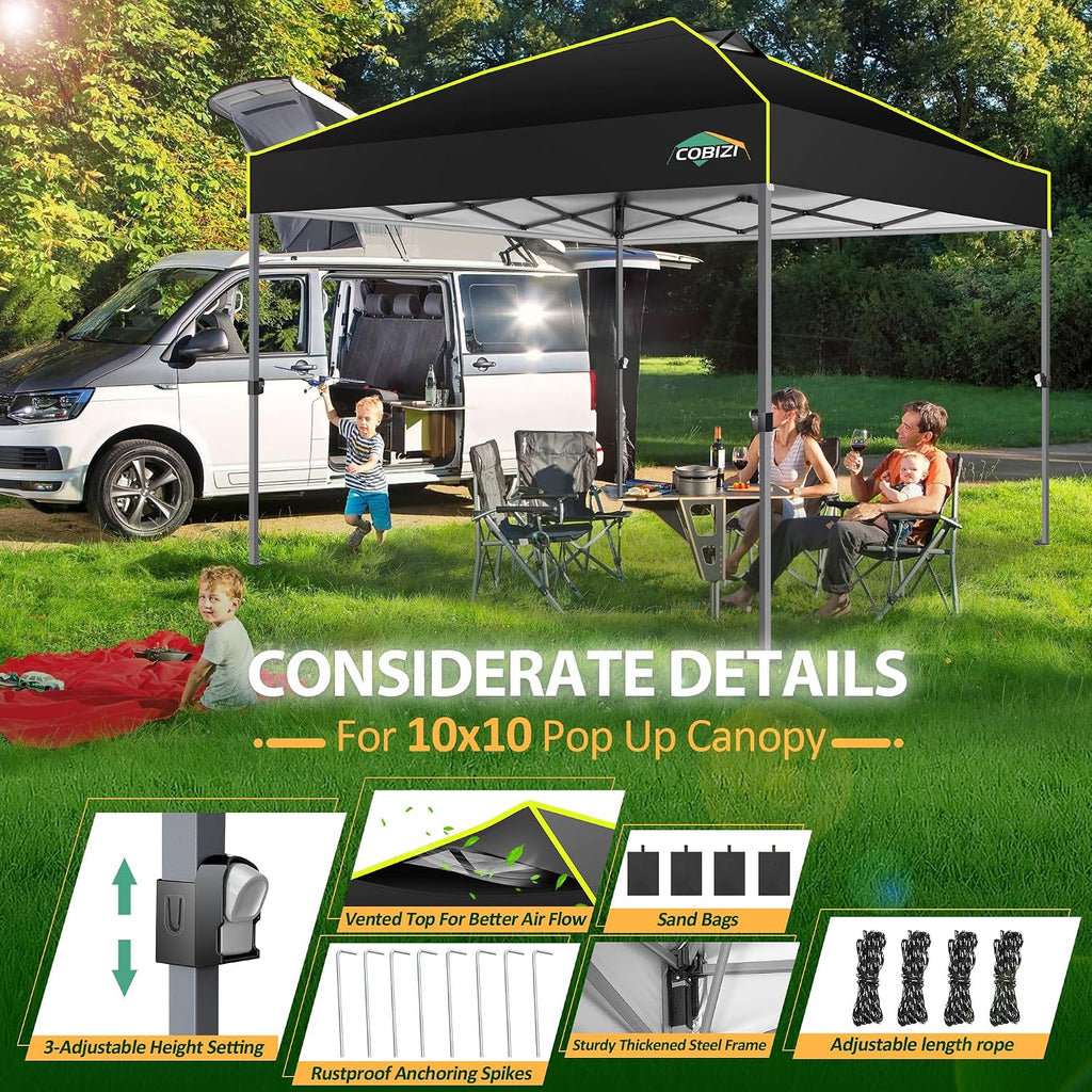 COBIZI Canopy 10x10 Pop Up Canopy Tent 1-Button Push Easy up Outdoor Canopy Instant Portable Commercial Shelter Waterproof UPF50+ Gazebo with Reflective Strip, Air Vent & 4 Sandbags,Black