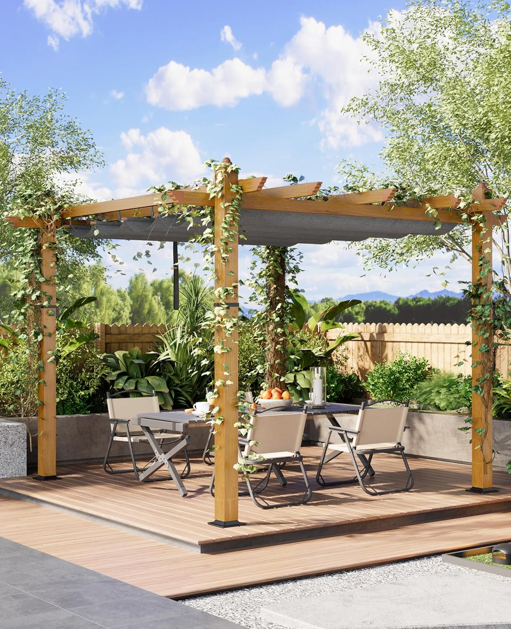 Garvee 10x10 ft Outdoor Pergola with Retractable Canopy – Upgraded Aluminum Faux Wood Grain Metal Patio Pergola for Modern Backyard Deck, Porch, Grape Trellis in Grey