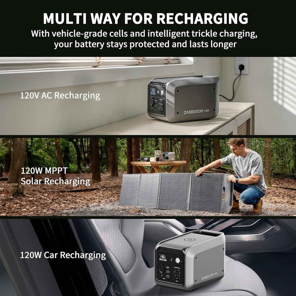 Dabbsson 298Wh Portable Power Station, 300W Solar Generator, 1.5X Extended Runtime,2xPure Sine Wave AC Outlets,60W USB-C, Smart APP, 300E Semi-Solid LiFePO4 Battery,for Outdoor Camping, Travel