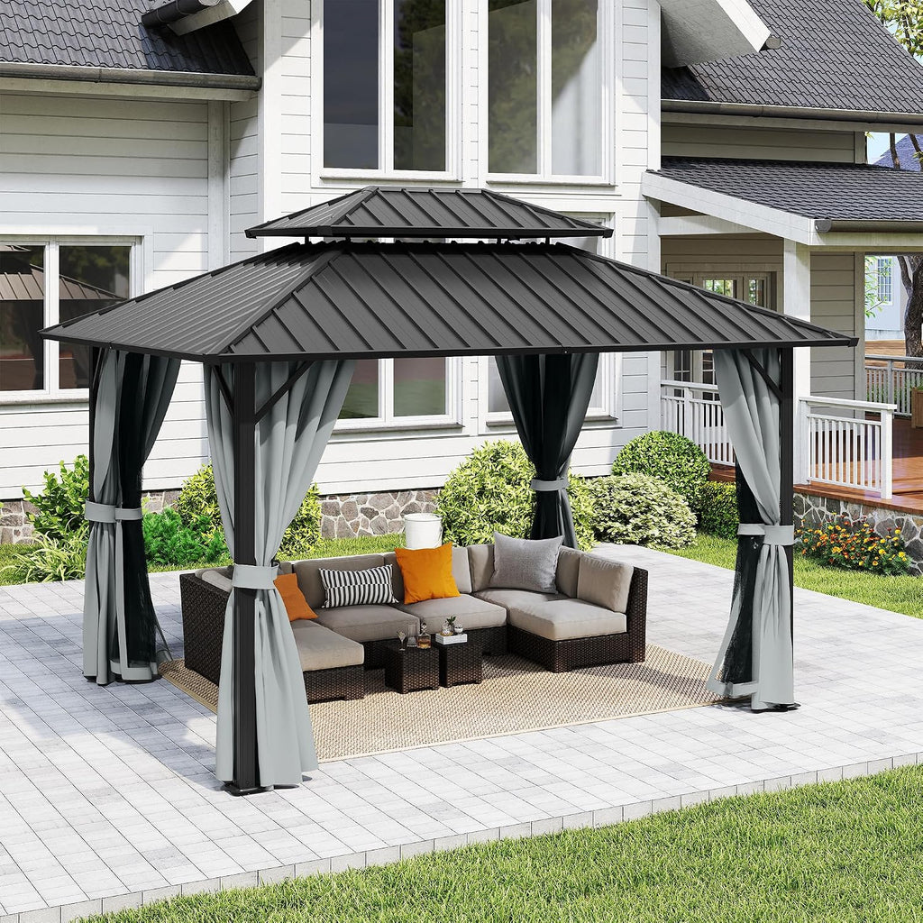 10' x 12' Hardtop Gazebo, Aluminum Frame with Double Galvanized Steel Roof,Permanent Outdoor Gazebo with Netting and Curtains for Backyard, Garden, or Deck, Gray