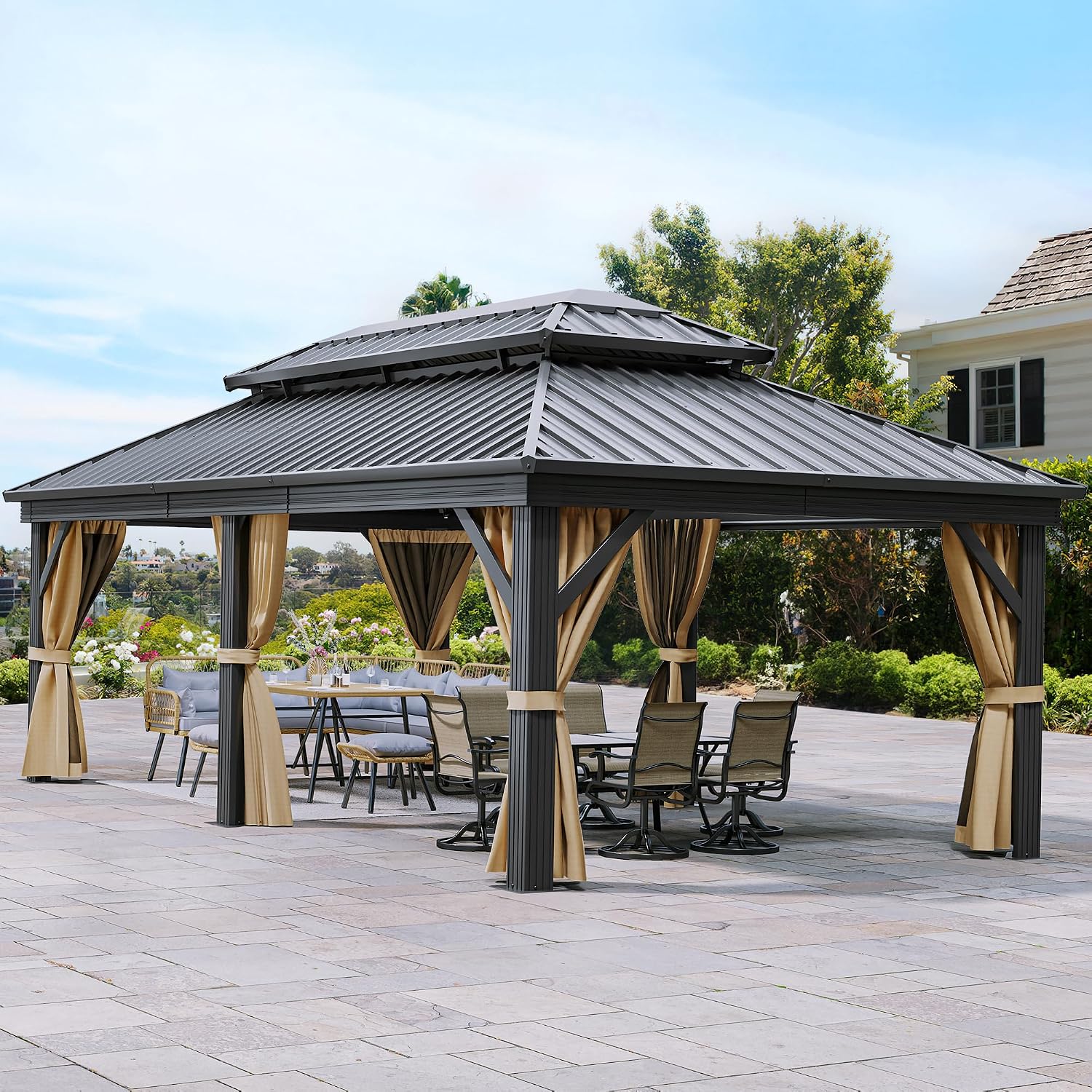 YITAHOME 12x18ft Gazebo Hardtop Canopy Outdoor Heavy Duty Double Roof w/Nettings and Curtains, Upgraded Aluminum Column Galvanized Steel Vertical Stripes Roof for Patio, Backyard, Deck, Lawns, Brown