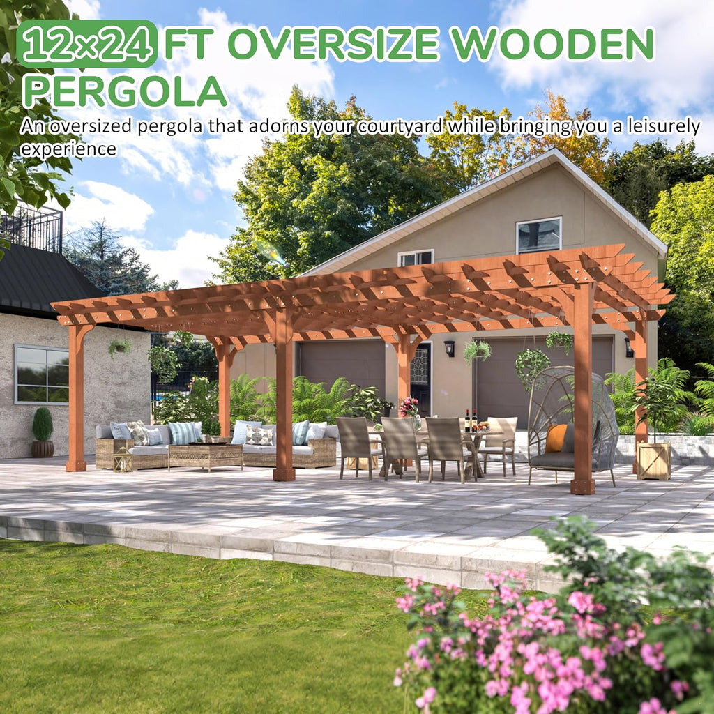 BlueWish 12'x24' Outdoor Pergola, Patio Pergola with Slatted Roof Trellis, Cedar Wood Pergolas Backyard Gazebo with Solid Structure for Deck Yard Grill Party Garden
