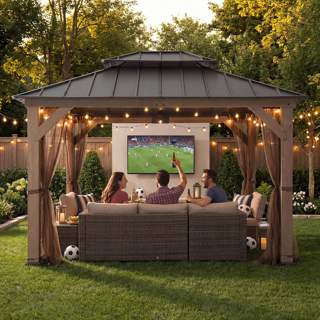 SUNJOY 10x12 Hardtop Wood Gazebo with Galvanized Steel Roof, LED String Lights & Mosquito Netting, Outdoor Permanent Pavilion Cedar Gazebo for Backyard, Garden, Patio, Deck, Lawn