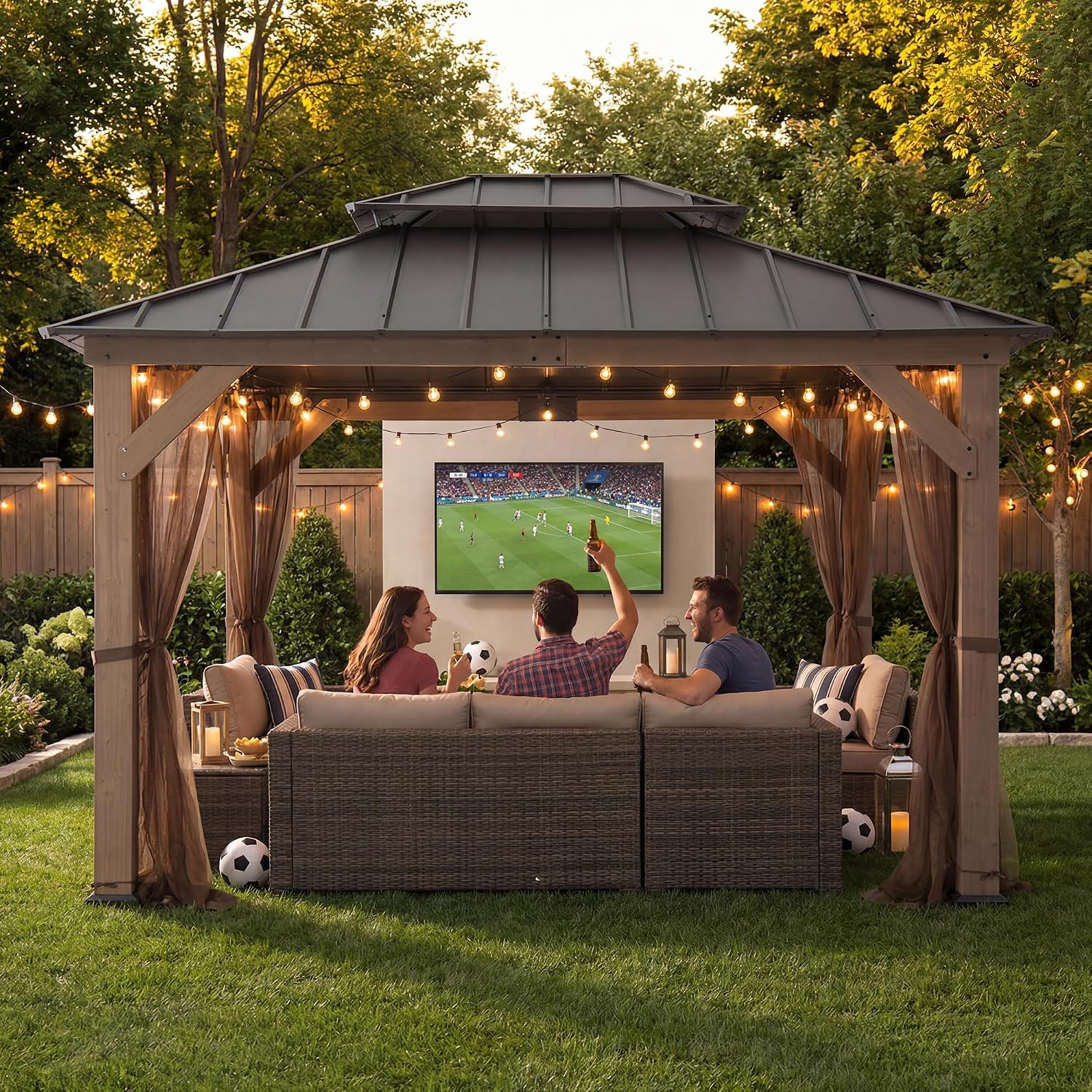 SUNJOY 10x12 Hardtop Wood Gazebo with Galvanized Steel Roof, LED String Lights & Mosquito Netting, Outdoor Permanent Pavilion Cedar Gazebo for Backyard, Garden, Patio, Deck, Lawn