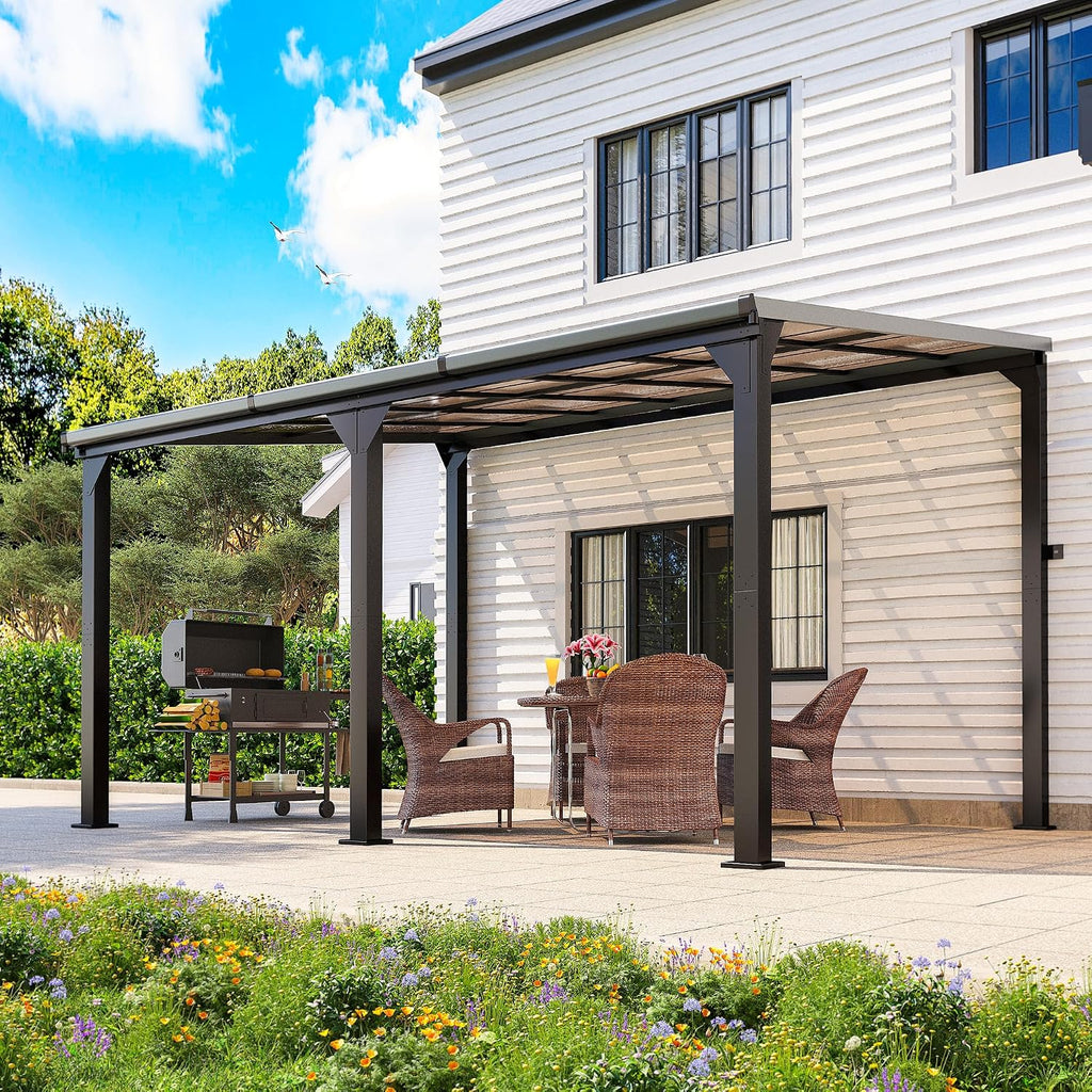 10 * 14FT Pergola,4 * 6 Inch Thickened Pillars & Enlarged Base,Outdoor Hardtop Lean to Gazebo,Wall Mounted Pergola,Pergolas Gazebos Clearance,Aluminum Frame Pergola,UV Resistant Patio Roof