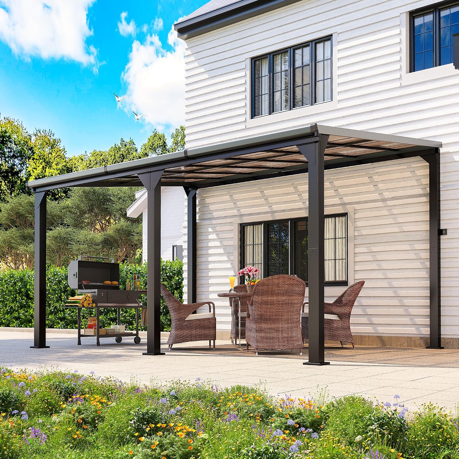 10 * 14FT Pergola,4 * 6 Inch Thickened Pillars & Enlarged Base,Outdoor Hardtop Lean to Gazebo,Wall Mounted Pergola,Pergolas Gazebos Clearance,Aluminum Frame Pergola,UV Resistant Patio Roof