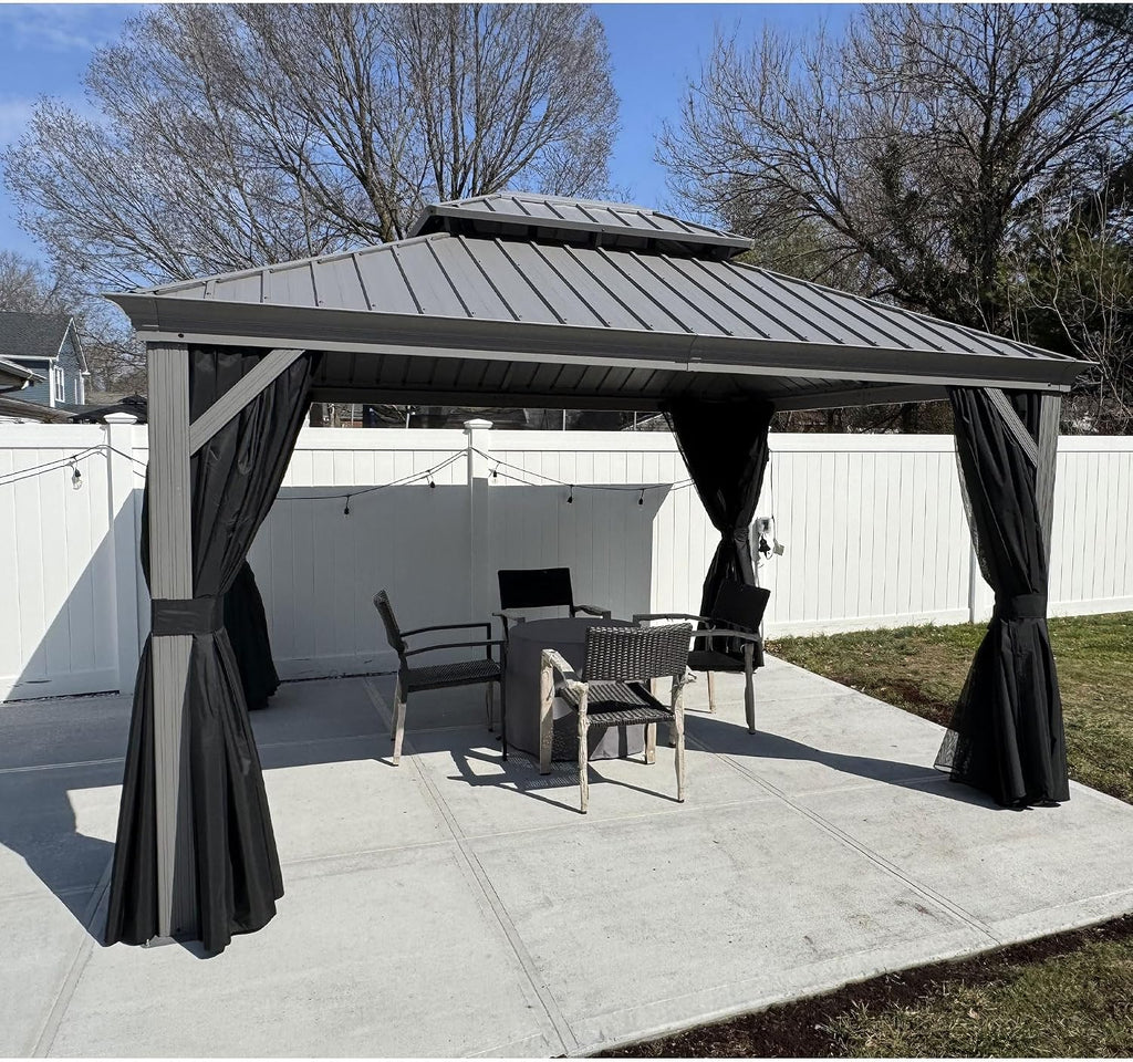 PURPLE LEAF 11' x 13' Permanent Hardtop Gazebo with Galvanized Steel Double Roof and Aluminum Frames Outdoor Large Pavilion Gazebo for Patio Deck Garden, Netting and Curtains Included, Light Grey