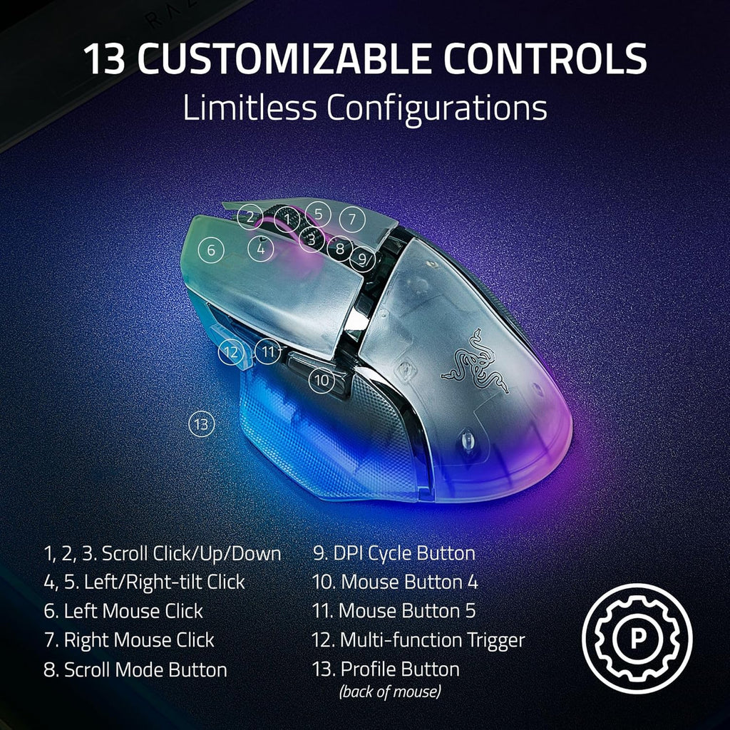 Razer Basilisk V3 Pro Wireless Gaming Mouse, 35K DPI Sensor, HyperScroll Tilt Wheel, Optical Switches, 13 Customizable Controls, RGB Lighting, Up to 140-Hour Battery Life, Phantom White