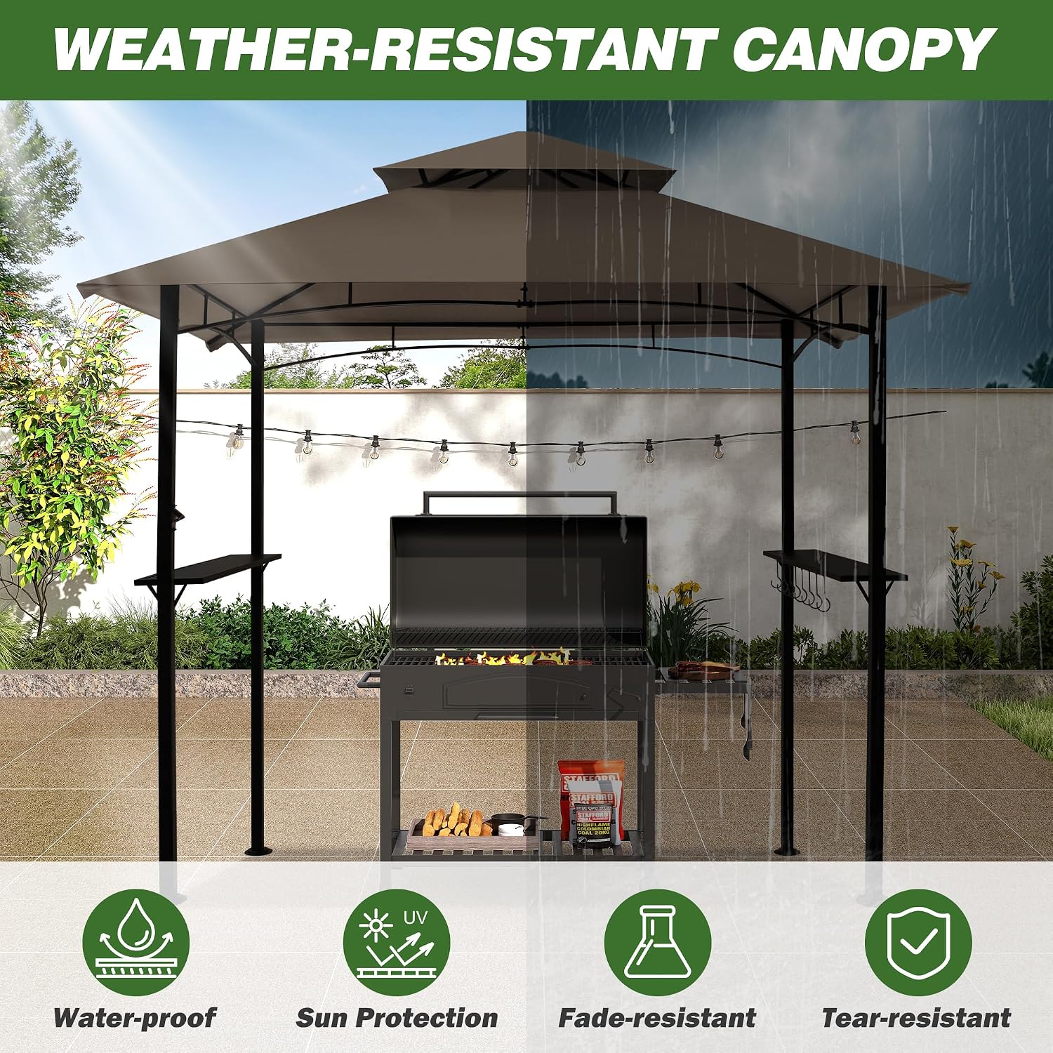 GARTOO 8'x5' Outdoor Grill Gazebo - Double Roof BBQ Gazebo Canopy with 2 Side Shelves and LED Lights, Patio BBQ Pergola Shelter for Garden, Porch and Backyard (Brown)