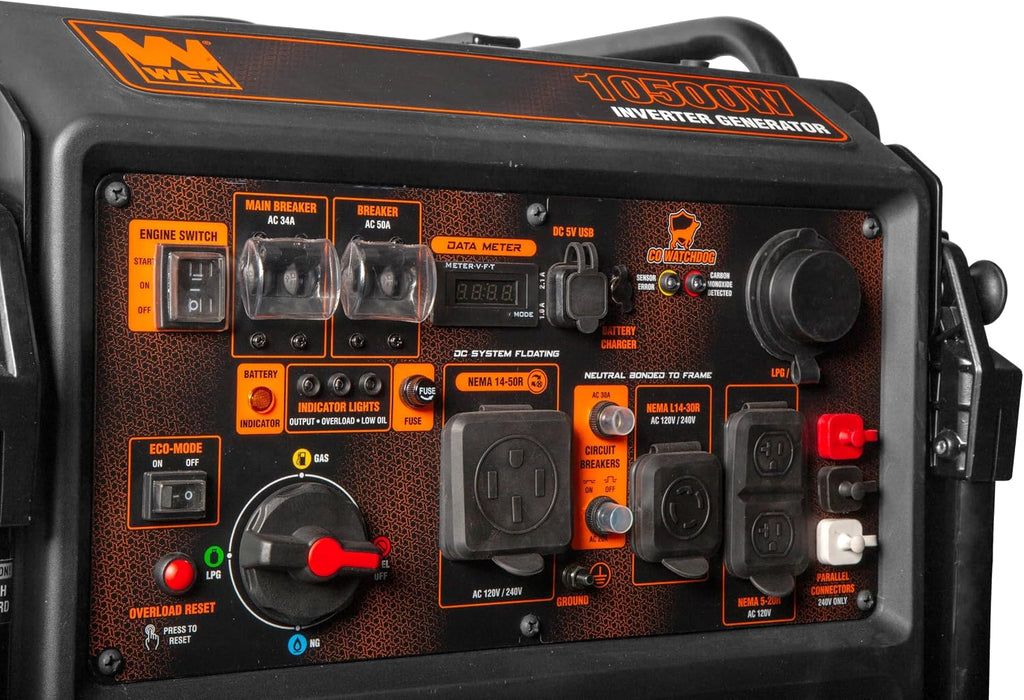 WEN 10,500-Watt 120V/240V Tri-Fuel Inverter Generator with Quiet 457cc Engine, Electric Start, Wheel Kit, and CO Watchdog, Gas, Propane, and Natural Gas Powered (TF1050iX)