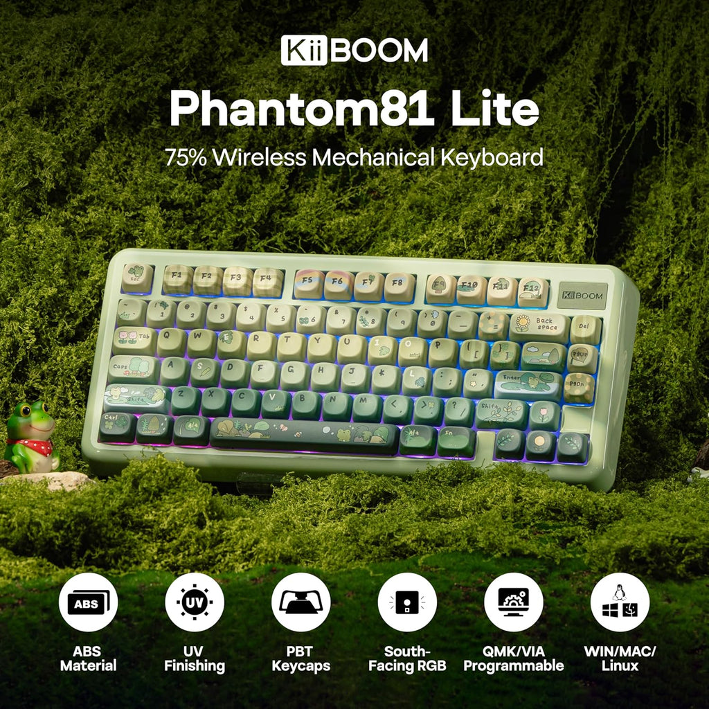 KiiBoom Phantom81 Lite 75% Gasket Mechanical Keyboard, QMK&VIA Programmable, 3 Modes Wireless Gaming Keyboard, RGB Backlights, ABS Case + UV Tech, Hot-Swappable for Windows/Mac/Linux (Green)