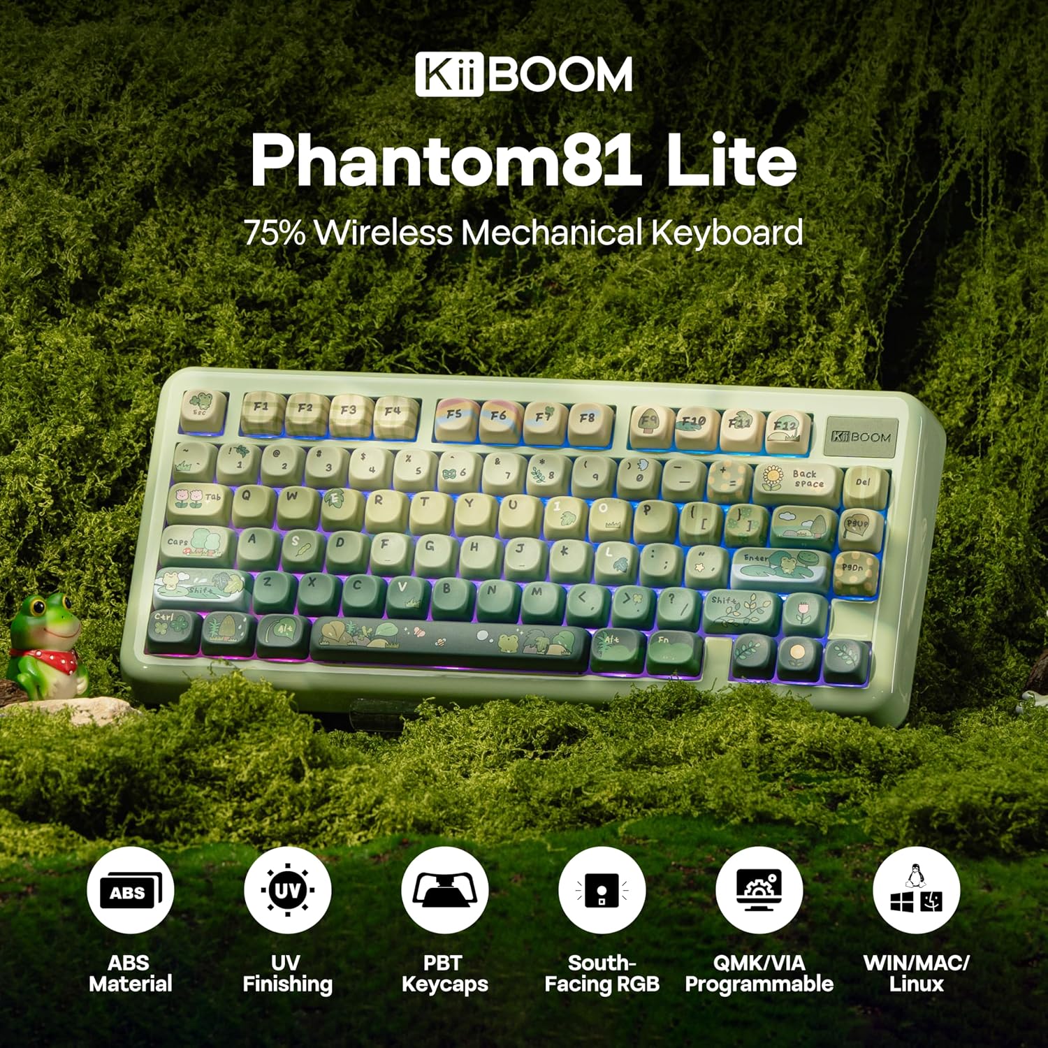 KiiBoom Phantom81 Lite 75% Gasket Mechanical Keyboard, QMK&VIA Programmable, 3 Modes Wireless Gaming Keyboard, RGB Backlights, ABS Case + UV Tech, Hot-Swappable for Windows/Mac/Linux (Green)