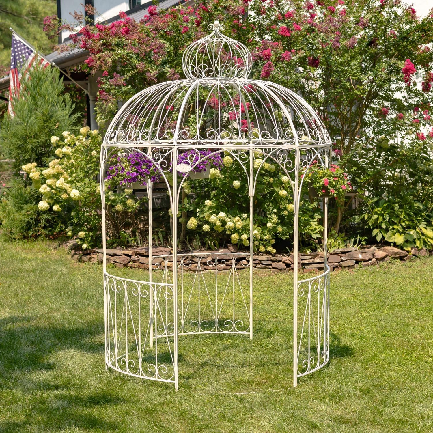 Large Round Metal Garden Gazebo with 3 Entries and Side Walls (Antique White)