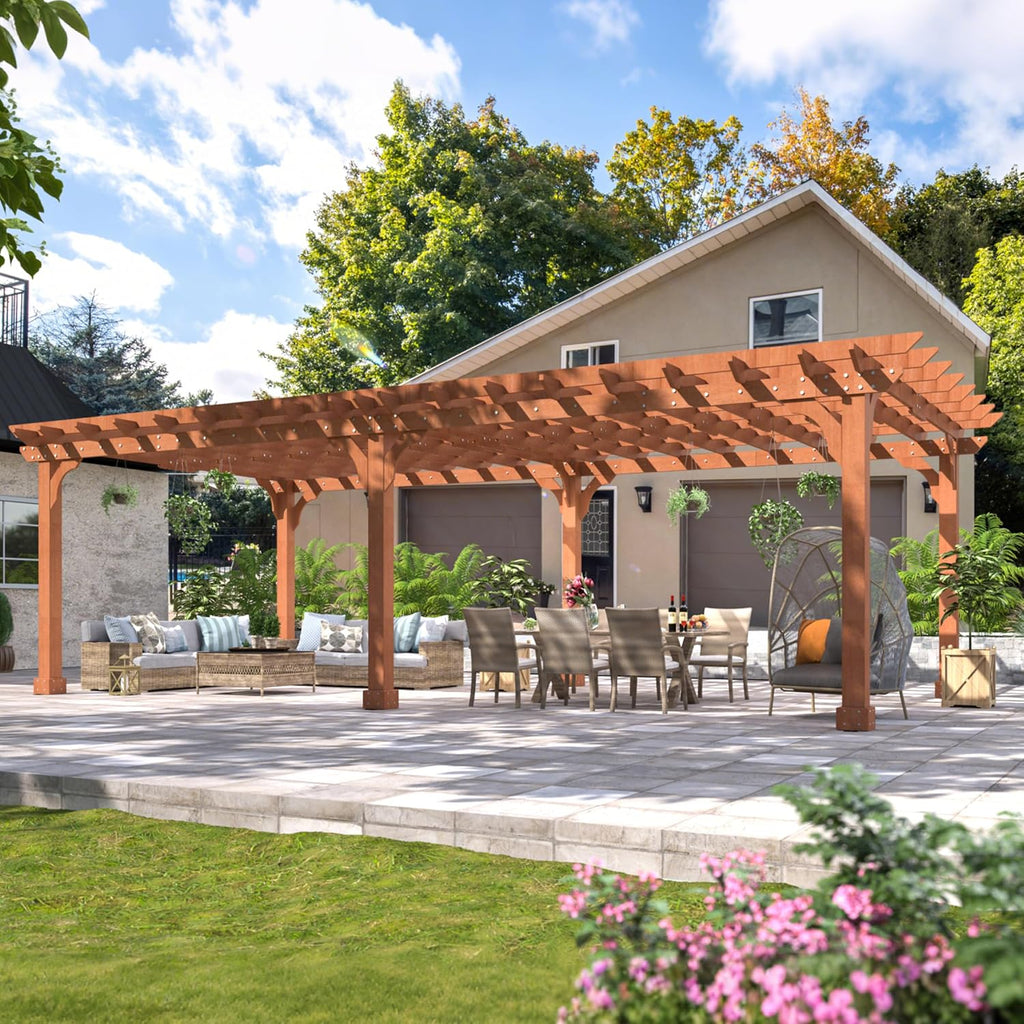 VEIKOU 12x24FT Wood Patio Pergola with Solid Cedar Structure, Outdoor Backyard Gazebo with Unparalleled Flat Slatted Roof Trellis for Deck Grill Party, Garden, Backyard, Lawn