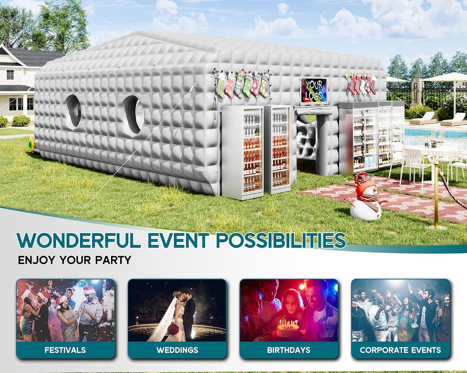 SPECRAFT 33x20x13 FT Large Inflatable Night Club Tent for Adults, Space Capsule Inflatable Nightclub with 6 Windows & Movie Screen Hooks, Event Tent for Backyard Party, Silver