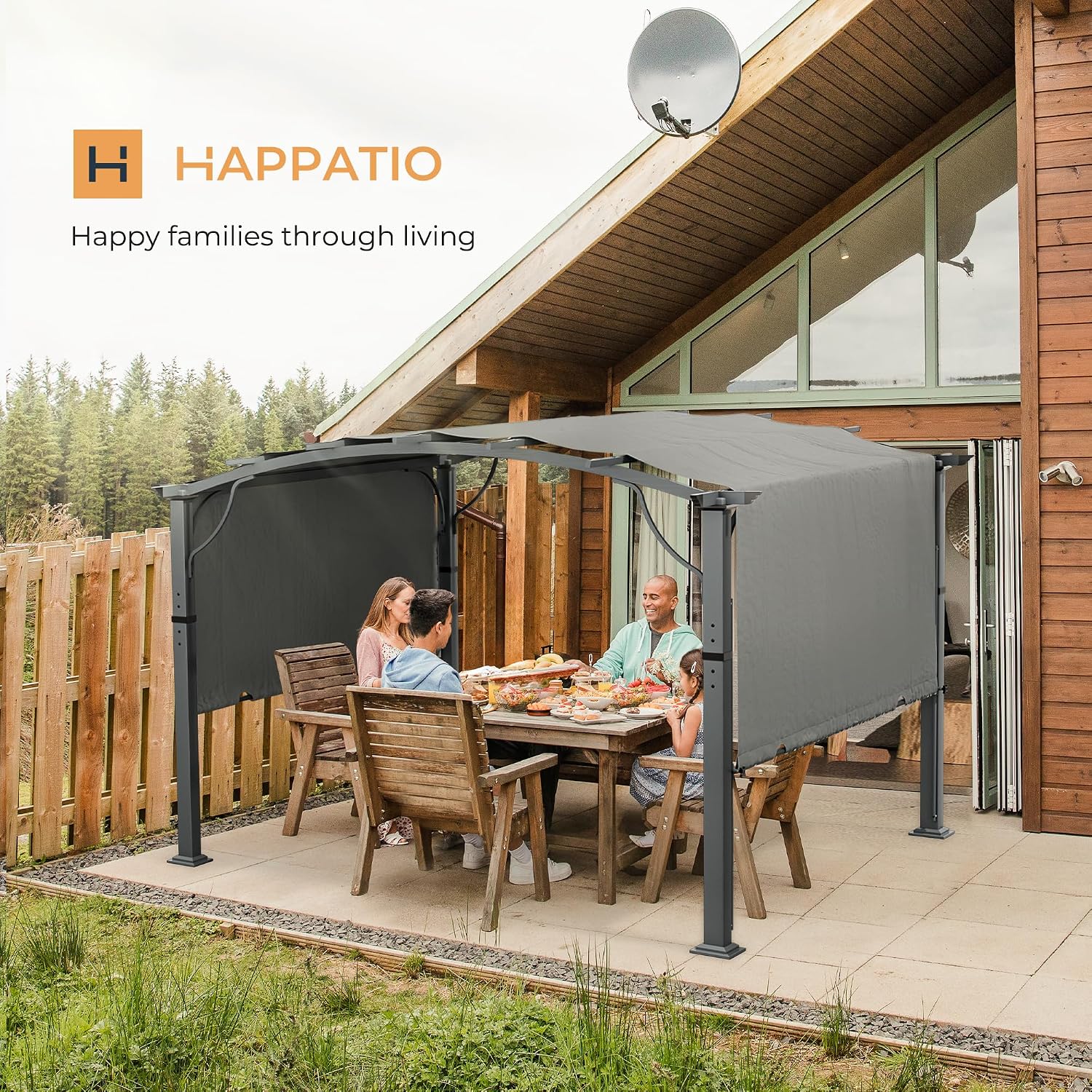 HAPPATIO 10' x10' Outdoor Retractable Pergola, Arched Patio Pergola with Sun Shade Canopy, Aluminum Frame with Canopy Fixed in Various Positions, All- Weather for Backyards, Gardens, Patios (Grey)
